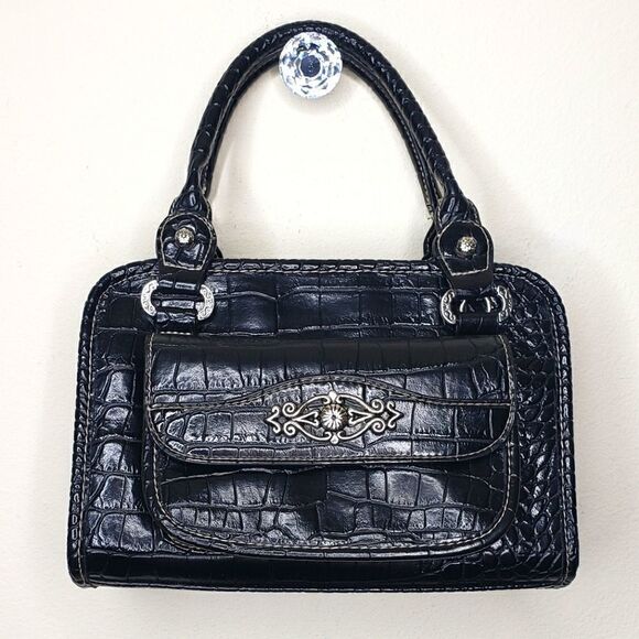 Black Faux Snake Embossed Vegan Leather Handbag - Picture 2 of 14